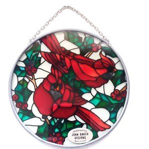 Stained Glass Sun Catcher Cardinals Winter Holly Christmas Joan Baker VTG GIFT